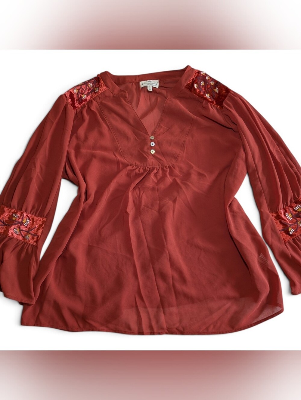 Grand & Greene Rust Velvet Embroidered Peasant Blouse Bell Sleeve Top L